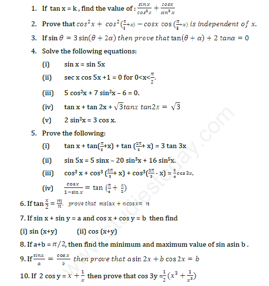 Cbse Class 11 Trigonometry Pdf Test Papers